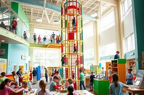 Children exploring the colorful multi-story climbing tower and exhibits inside Amazement Square